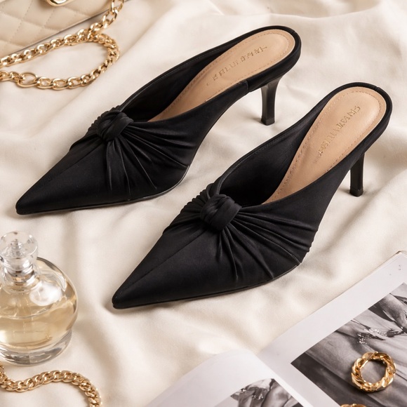 Zara Shoes - Black Satin Knot Mule Heels Pointed Toe Minimal Chic Size 5